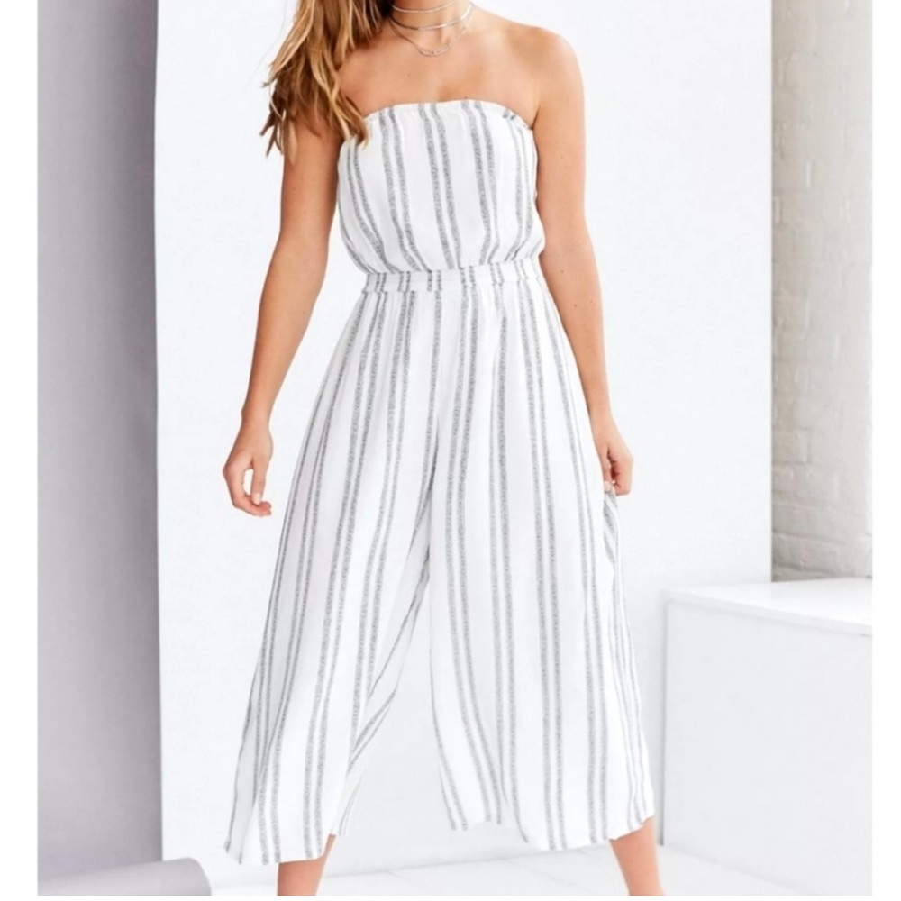 Naked Zebra Denim Blue & White Stripe Rayon Strapless Cropped Pantsuit Jumper S - Picture 2 of 11
